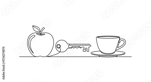 A minimalist line art illustration of an apple, a key, and a teacup, symbolizing various concepts in a simple, elegant style
