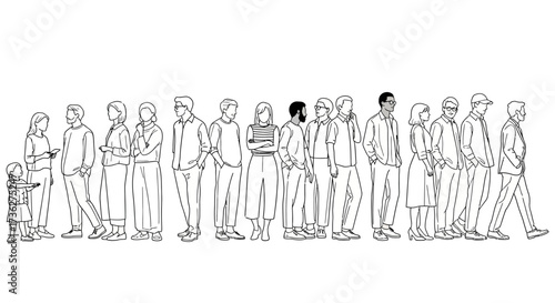 Line drawing of a diverse group of people of different ages and sizes, standing together in a row, representing unity and togetherness