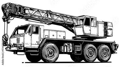 Detailed monochrome illustration of a heavy-duty mobile crane truck with extended boom. Industrial lifting equipment for construction work.