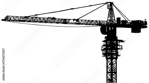 Detailed silhouette of a large industrial tower crane for construction and building projects, isolated on a white background