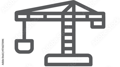 Vector outline icon of a tower crane. Heavy construction machinery symbol for building sites, urban development, architecture, and industrial projects.