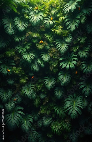 Vertical photo of lush green tropical plant wall with orange birds. Dense foliage of various leaves creates natural texture. Vibrant botanical design perfect for decor or background.