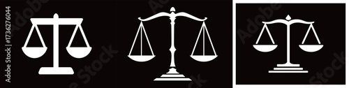Three distinct designs of scales illustrate the concept of justice. Each design features a balanced scale, conveying fairness and law.