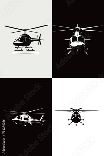 Various helicopter designs are displayed in a grid format, showcasing different perspectives and styles on light and dark backgrounds.
