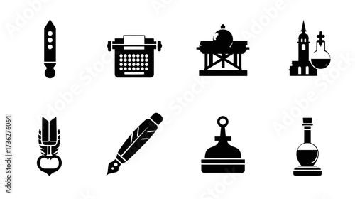 Collection of vintage writing and old tools icons. Vector set with typewriter, quill pen, inkwell, and antique study elements. Black glyphs for history, education, and knowledge.