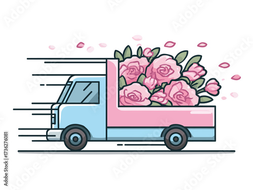 A blue and pink delivery truck speeds through a vibrant city, filled with beautiful pink roses in its back. The scene captures the essence of floral delivery.
