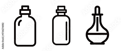 Three different types of containers for holding liquids are shown in a minimalistic line design. Each container varies in shape and size, emphasizing their distinct features.