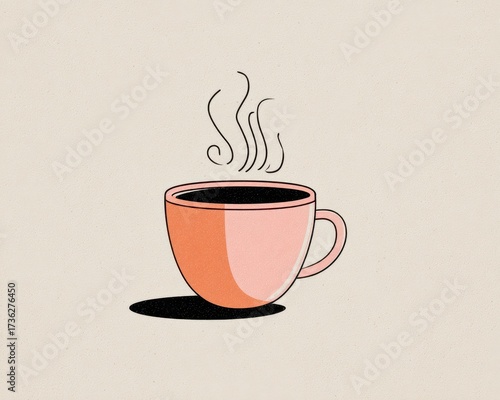Simple Vector Illustration of Steaming Coffee Cup with Shadow on Beige Background.