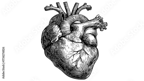 Detailed Vintage Engraved Human Heart Anatomy Illustration, Black and White Medical Diagram on White Background