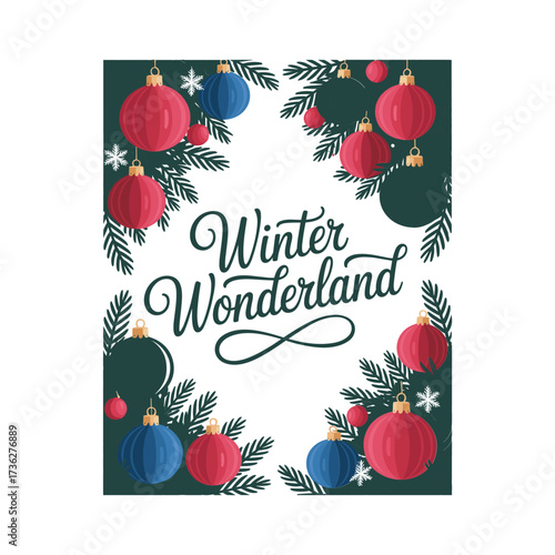Festive winter wonderland typography t-shirt design with ornaments and pine branches