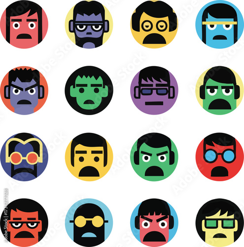 A grid of sixteen colorful, stylized circular icons depicting diverse cartoon faces expressing a range of negative emotions and moods.
