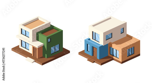Two isometric illustrations of modern house vector, two-story houses with different color schemes, showcasing architectural design.