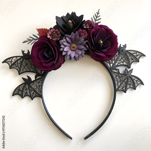 A halloween headband with black bats and dark purple flowers on a white surface backdrop flatlay