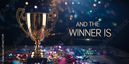 Golden trophy with confetti and text announcing a winner