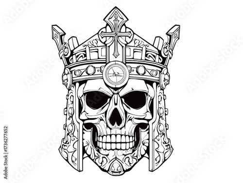 A detailed skull wearing an ornate crown is illustrated with gothic elements. The artwork features intricate patterns and a bold, striking look.