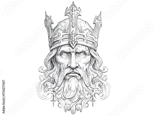 A striking illustration of a kings head adorned with a detailed crown. The king has long hair and an intense gaze, conveying strength and authority in a regal style.