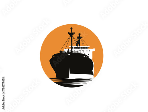 A large cargo ship is shown in silhouette, navigating calm waters during sunset. The bright orange circle sets a dramatic backdrop for the vessels outline.