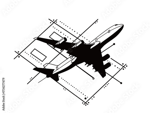 A detailed illustration of an airplane flying over an airport. The foreground features a plane and the background includes a geometric design representing airport structures.
