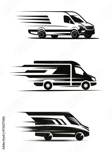 Three delivery vans are shown in different styles, each emphasizing speed and movement, reflecting modern transport efficiency in urban settings.