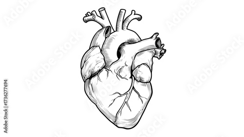 Detailed anatomical human heart illustration, hand-drawn medical sketch in monochrome style for biology, health, and science concepts