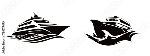 Two artistic representations of yachts glide through stylized waves, highlighting their graceful shapes and luxurious appeal in black and white illustration.