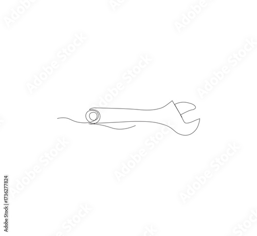 One continuous line drawing of a wrench tool. White background. Downloadable construction logo symbol. Wrench outline vector illustration. Editable stroke.
