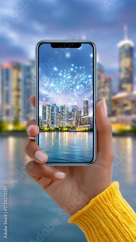 Captivating Cityscape Reflected on Smartphone Screen with Vibrant Night Lights and Bokeh Effect in Background