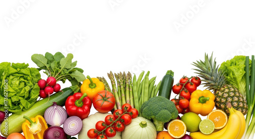 Isolated arrangement of fresh healthy produce, vegetables and fruits, colorful food banner