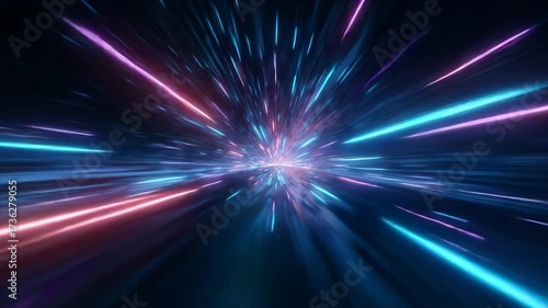 Abstract lightspeed burst with glowing blue and purple streaks