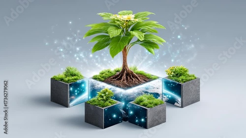 Surreal digital art featuring a flourishing tree emerging from geometric growing containers with glowing elements amid lush green foliage and vibrant sparkles