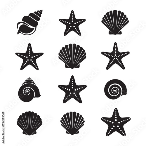 Set of different black sea shells and starfish silhouette vector.