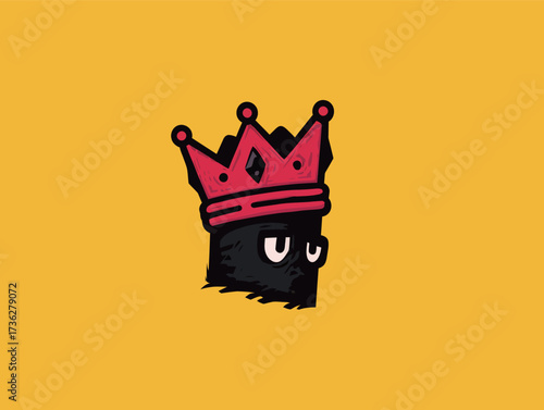 A quirky character with a black face and a red crown displays a playful attitude against a vibrant yellow backdrop. The design is simple yet engaging.