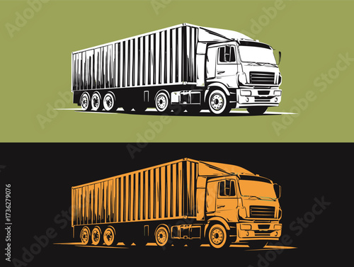 A striking graphic representation of a large truck is shown, designed in black and yellow colors. The artwork highlights the trucks features and modern styling.