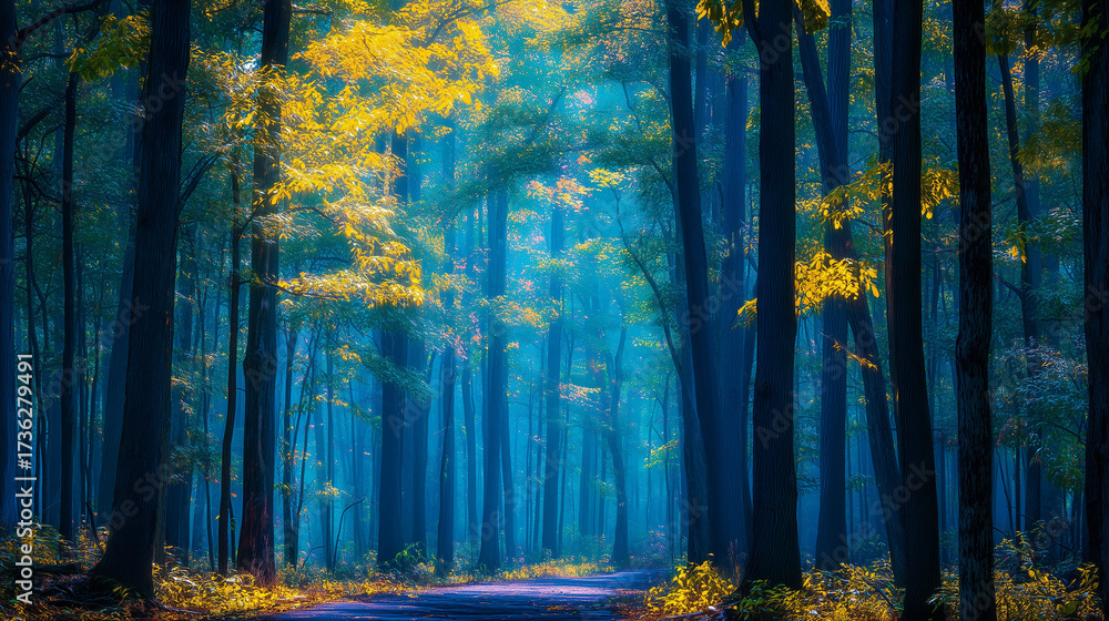 Fototapeta premium owering trees forest corridor, blue light golden leaves with mist, contemplative meditation scene