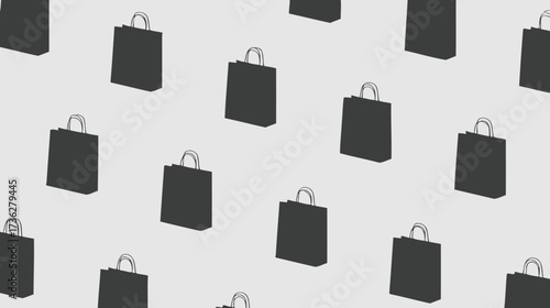 Seamless pattern of minimalist black shopping bags on light gray. Modern retail, e-commerce, fashion, sales, and consumerism background.