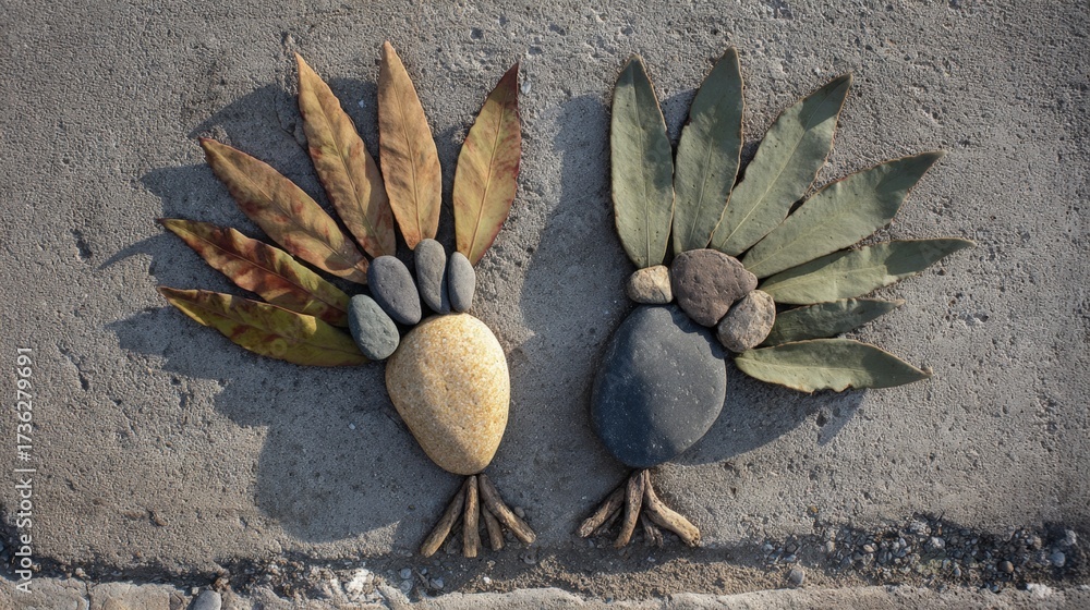 Fototapeta premium Creative Arrangement of Stones and Leaves on a Textured Background