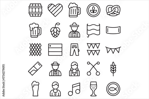 Oktoberfest Flat Vector Set German Beer, Pretzel, Bavarian Food Icons