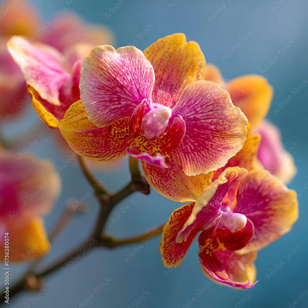 Obraz premium A cluster of vibrant pink and orange orchid flowers on a branch