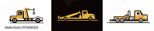 Three illustrations show yellow tow trucks in different styles. Each truck is positioned uniquely, representing towing services with a bold and simple design.