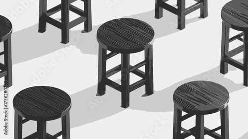 Dark wooden stools arranged in a minimalist, repetitive pattern on a clean white background, modern furniture design.