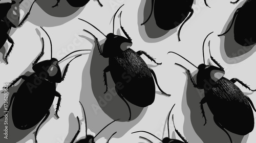 Stylized black and white cockroach pattern with subtle shadows, creating a repetitive graphic background of insects for pest control or fear concepts.