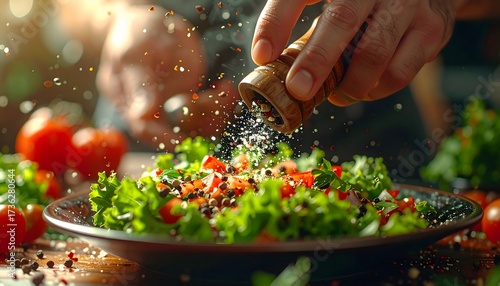 Chef seasoning a fresh green salad with a spice grinder, creating a dynamic culinary scene with vibrant vegetables and a sprinkle of flavor.