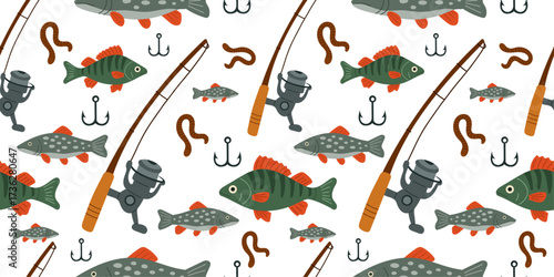 
Fishing pattern with fishing rods, freshwater fish, worms, hooks, and reels. Seamless background design perfect for outdoor adventure graphics, angling equipment clipart, summer activity decoration.