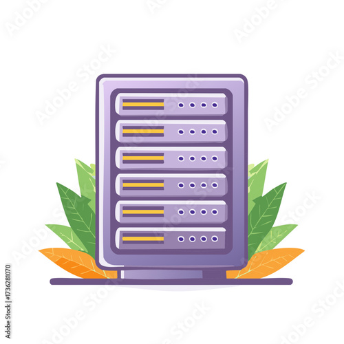 Abstract Server Rack with Green and Orange Leaves for Cloud Computing