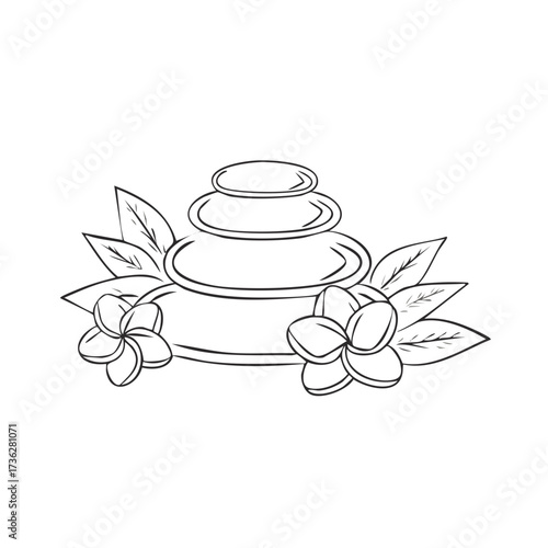 Stacked spa massage stones with tropical plumeria flowers and leaves line art drawing