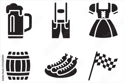 Oktoberfest Flat Vector Set German Beer, Pretzel, Bavarian Food Icons