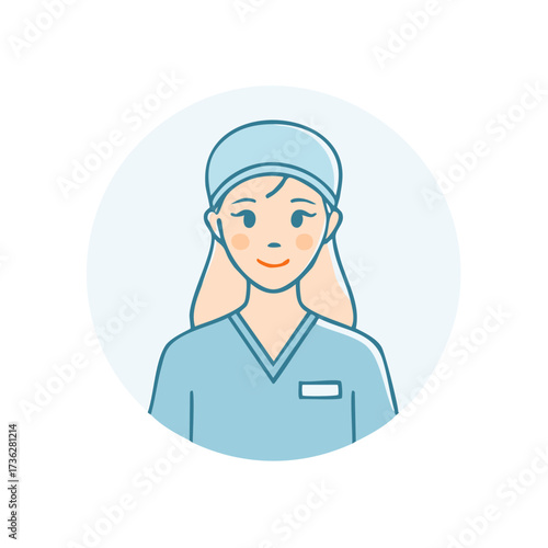 Stylized illustration of a smiling female medical professional wearing scrubs and cap