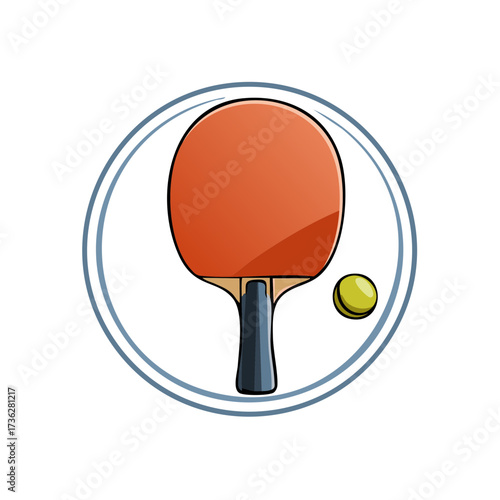 Table tennis paddle and ball with circle emblem vector illustration for sport game