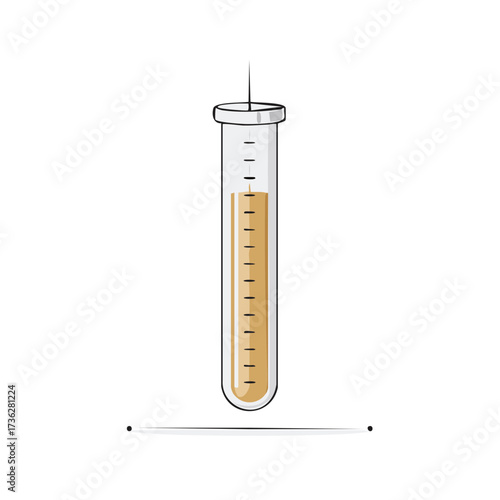 Glass test tube with amber liquid and measurement markings filled with a scientific substance