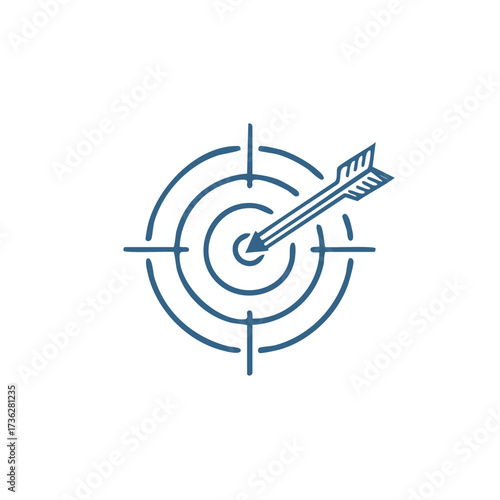 Hand drawn arrow hitting the center of a target bullseye for goal achievement and success